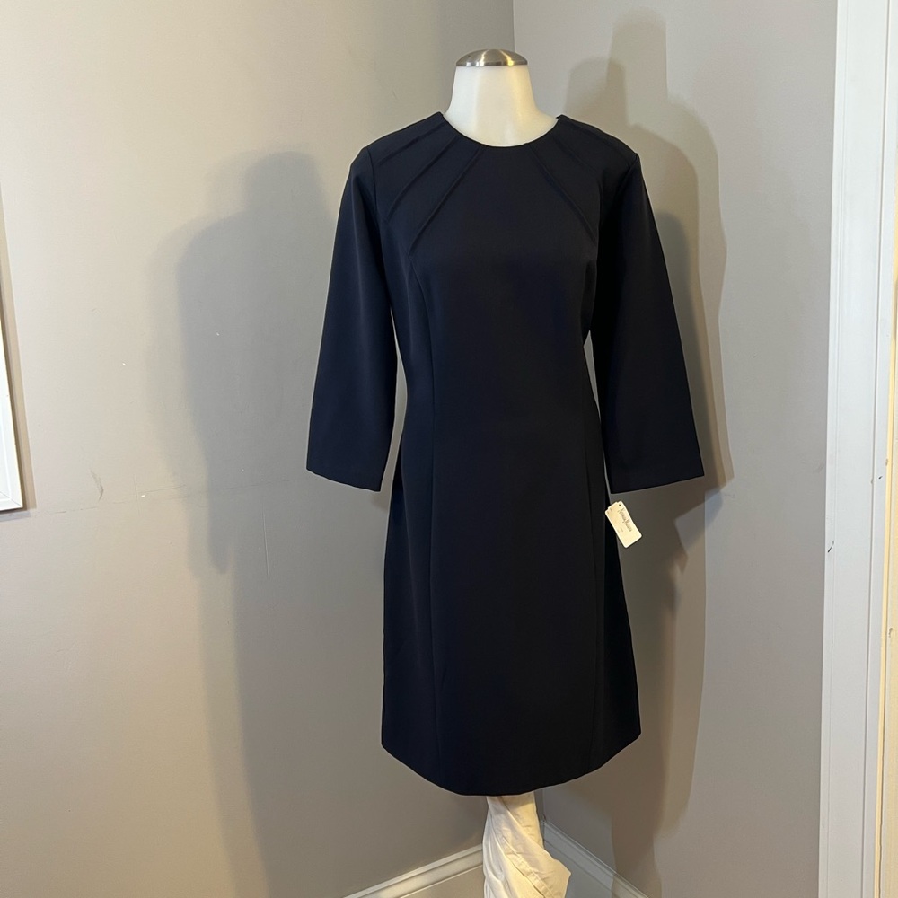 Neiman Marcus Blue Sheath Dress with Crew Neck and 3/4 Raglan Sleeves